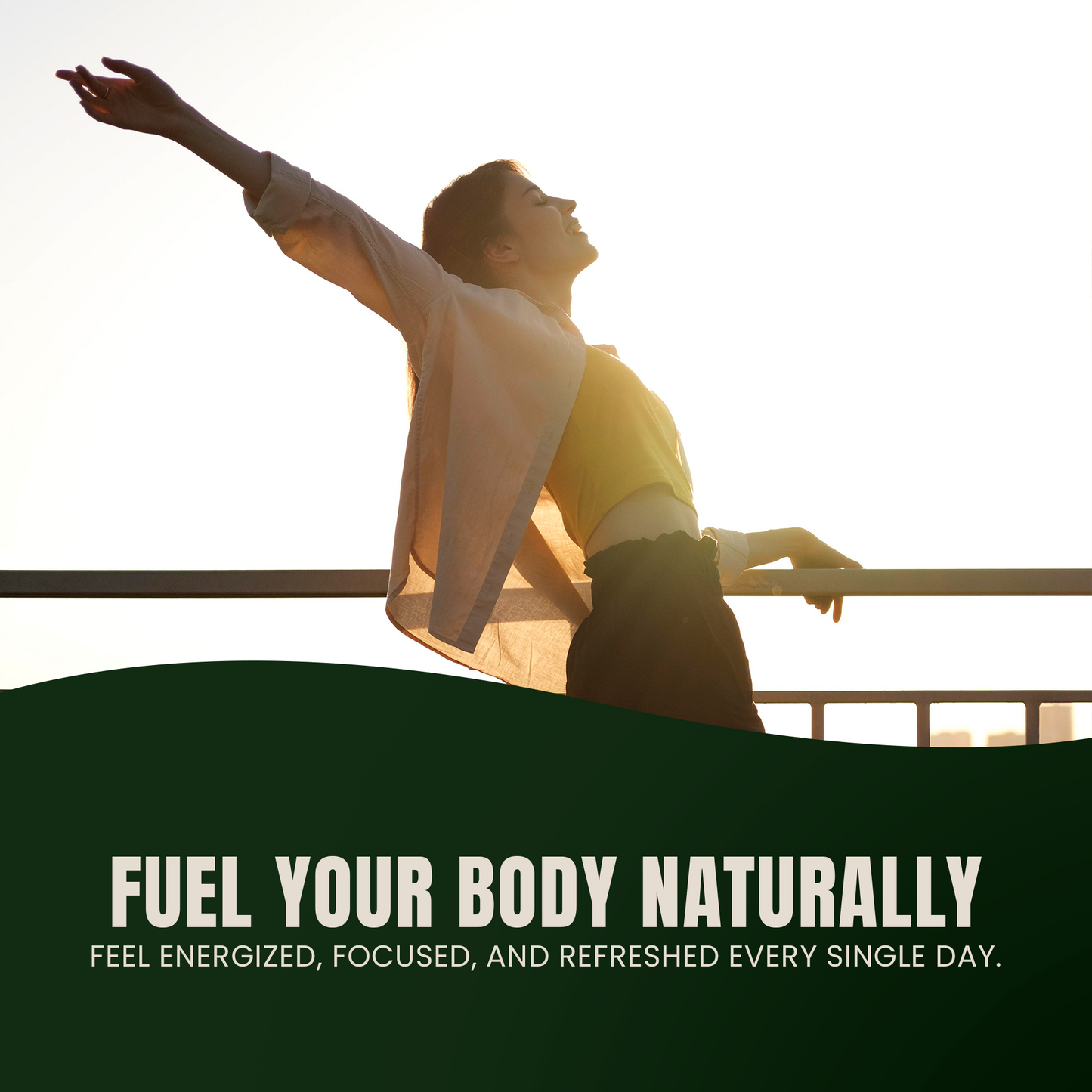 Person stretching outdoors with motivational text about natural body fueling.