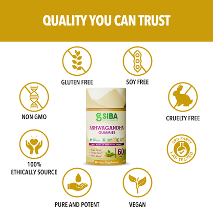 SIBA Ashwagandha Gummies packaging with quality certification icons on a white background