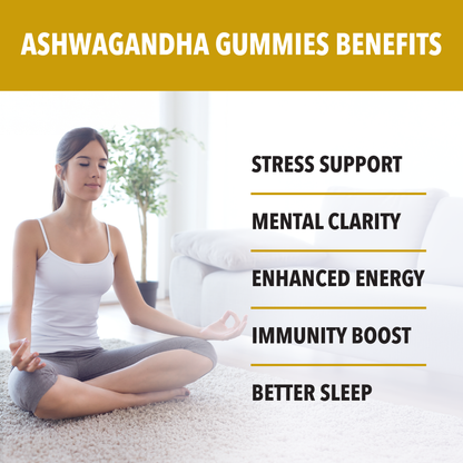 Woman meditating with Ashwagandha gummies benefits listed on a white background