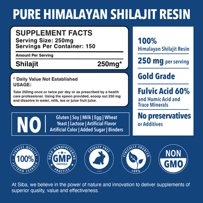 Label for Pure Himalayan Shilajit Resin supplement on a blue background