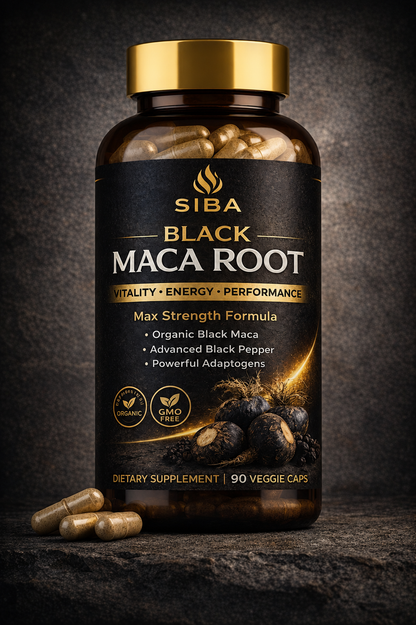 Bottle of Siba Black Maca Root supplement with gold cap on a dark background