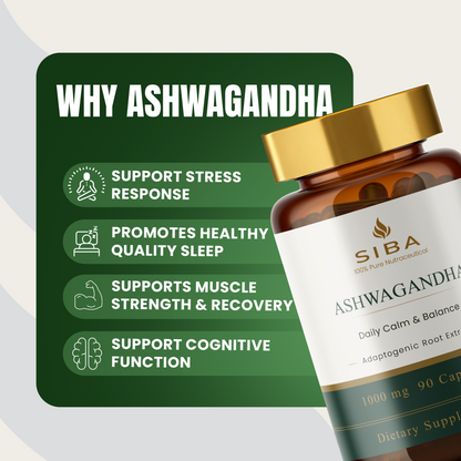 SIBA Ashwagandha supplement bottle with benefits listed on a green background