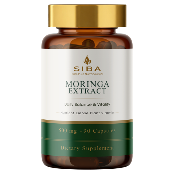 SIBA Moringa Extract supplement bottle on a white background with gold cap