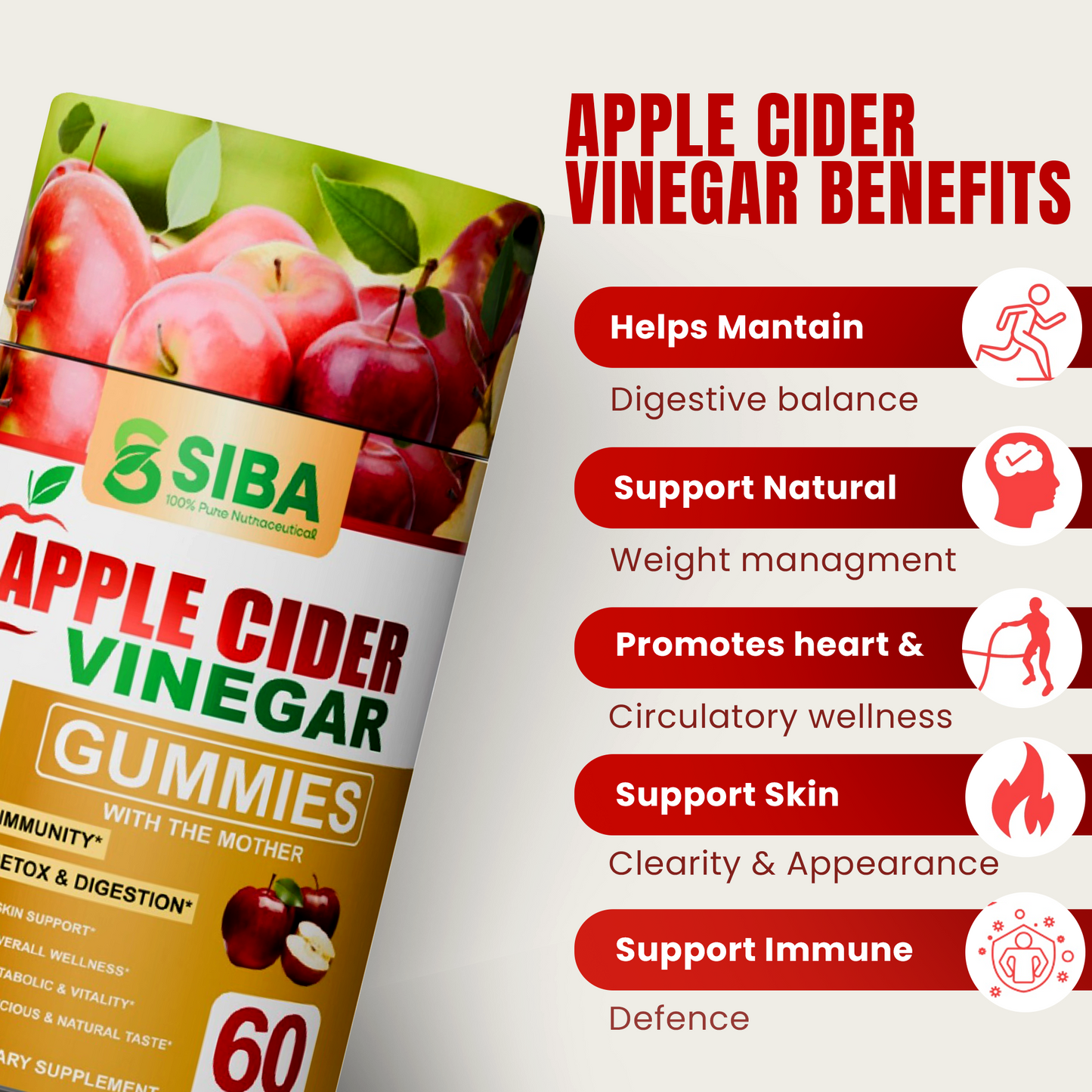SIBA Apple Cider Vinegar Gummies packaging with benefits listed on a white background