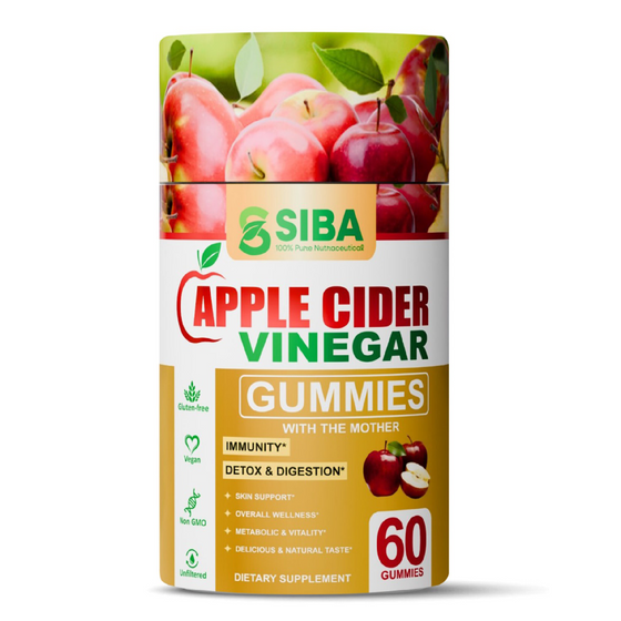 SIBA Apple Cider Vinegar Gummies packaging with apples on a white background