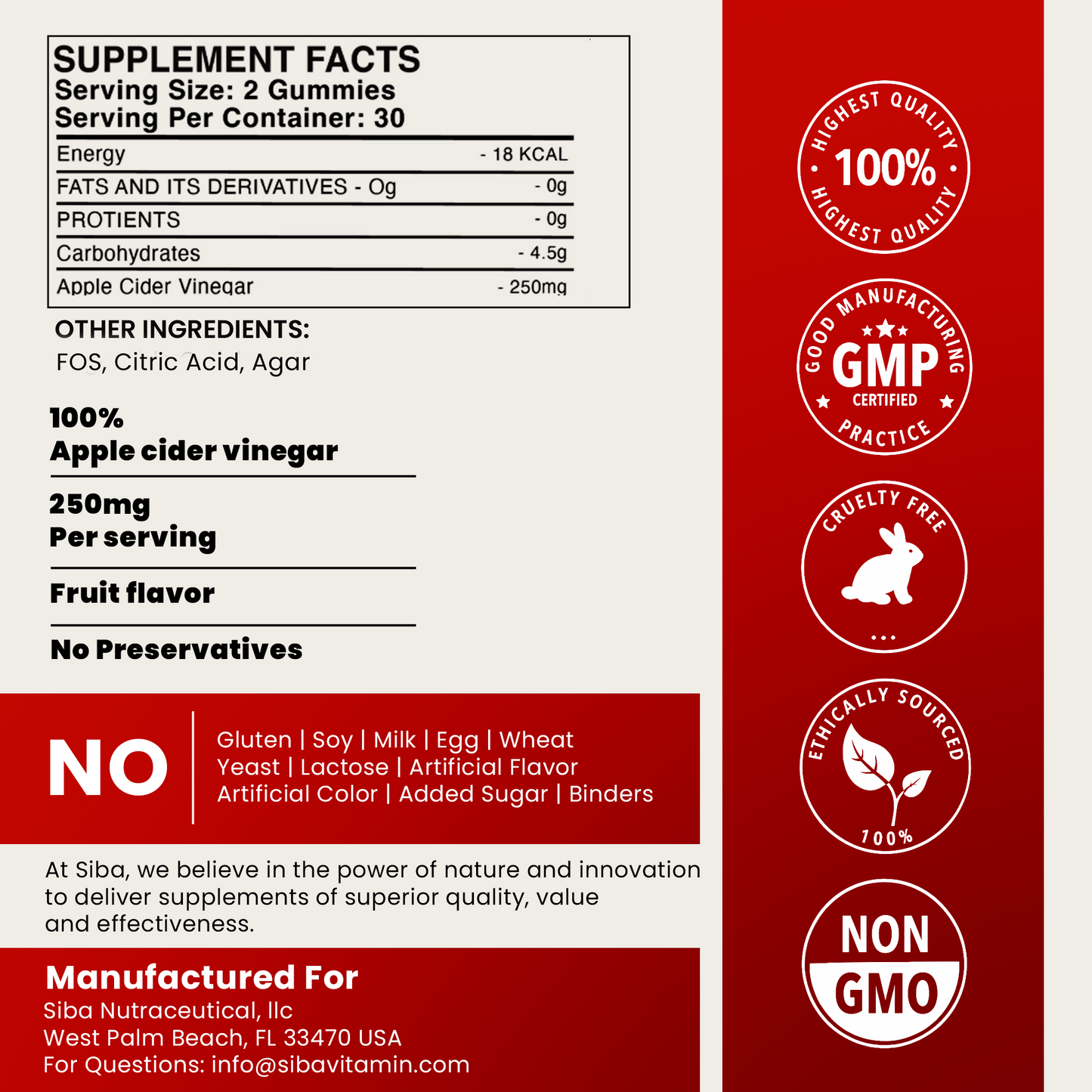 Supplement facts label with certification logos on a red background