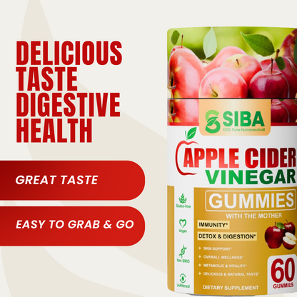 SIBA Apple Cider Vinegar Gummies packaging with promotional text on a white background
