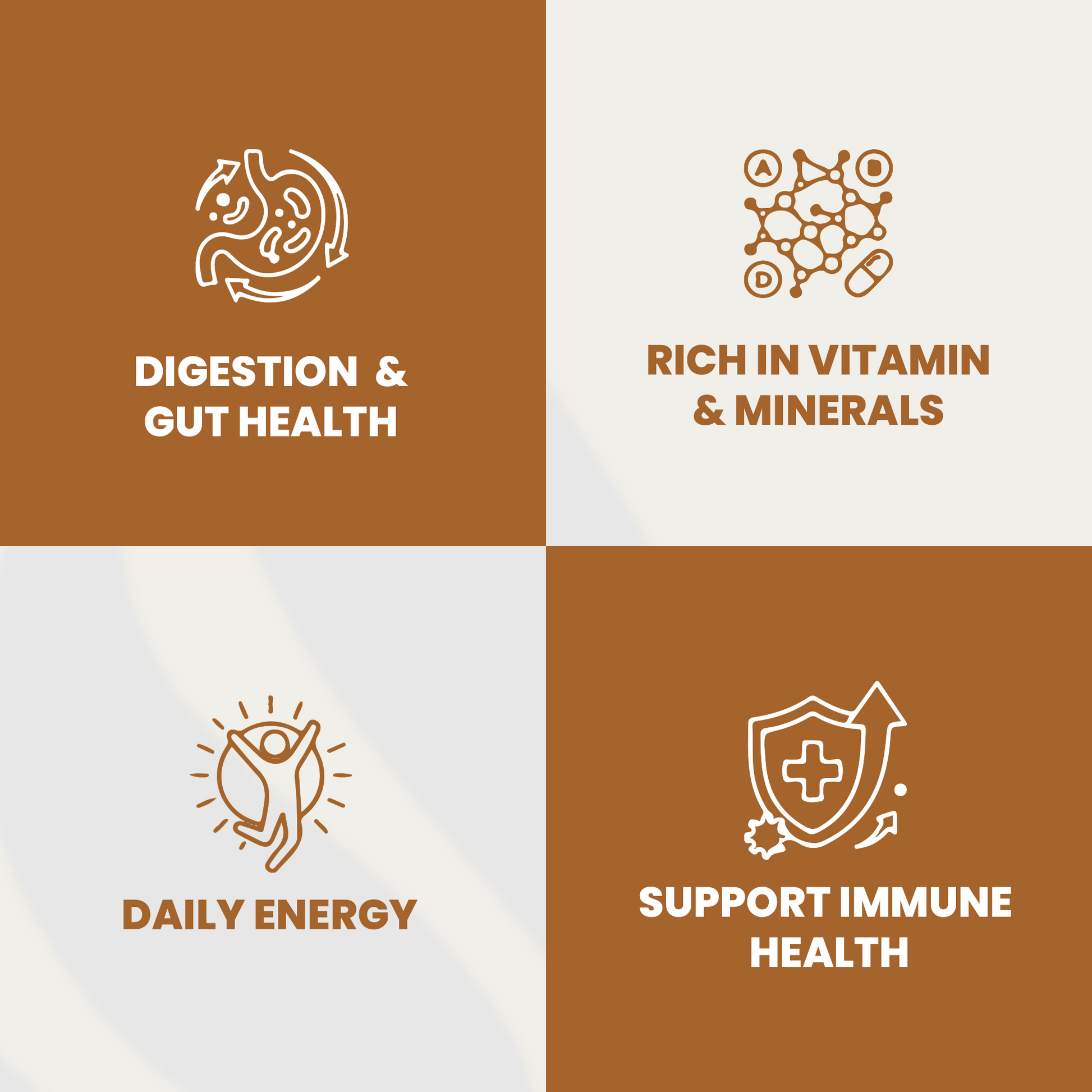 Four icons representing health benefits with corresponding text on a brown and white background.