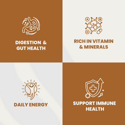 Four icons representing health benefits with corresponding text on a brown and white background.