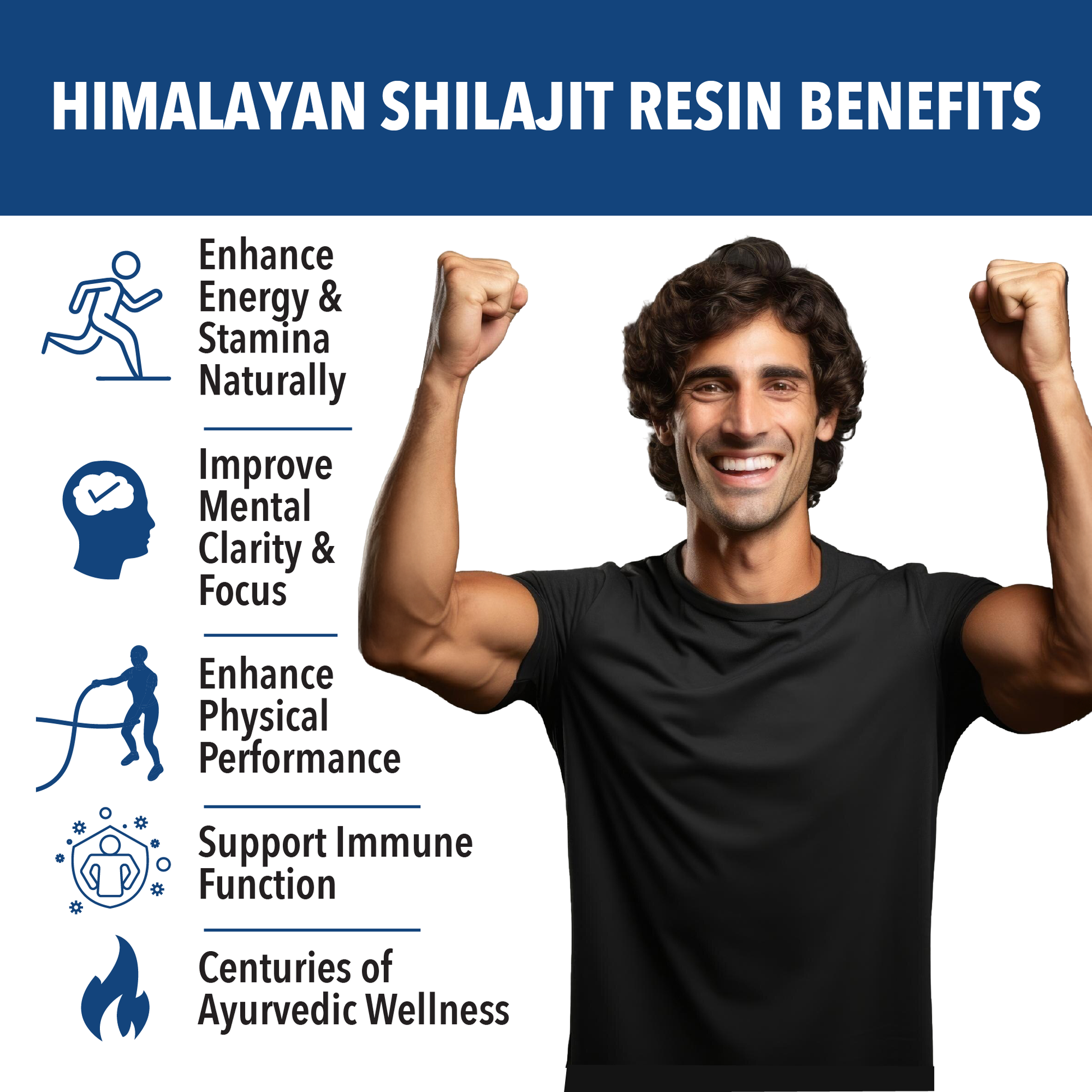 Man flexing muscles with text listing benefits of Himalayan Shilajit Resin on a blue background