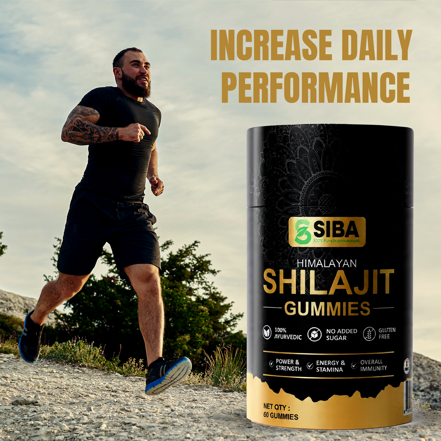 Person running outdoors with SIBA Shilajit Gummies container in the foreground