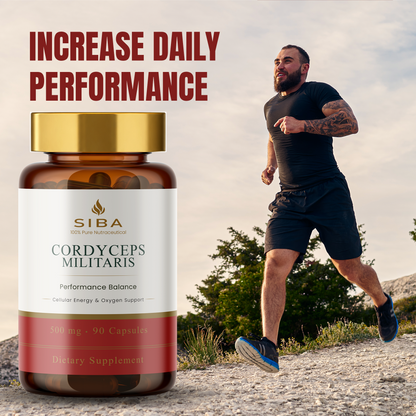 Supplement bottle labeled 'Cordyceps Militaris' by SIBA with a man running outdoors.