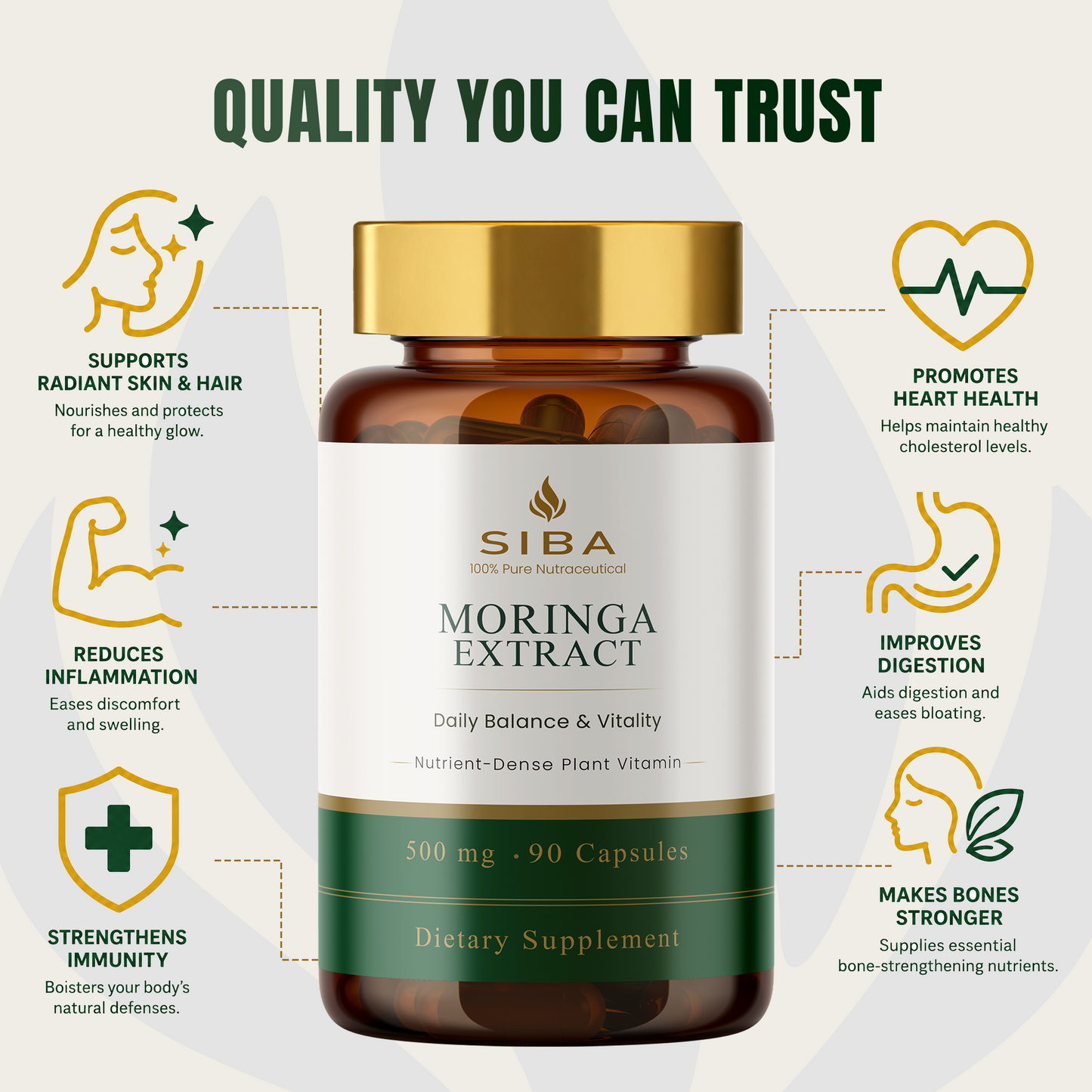 SIBA Moringa Extract supplement bottle with health benefits on a white background