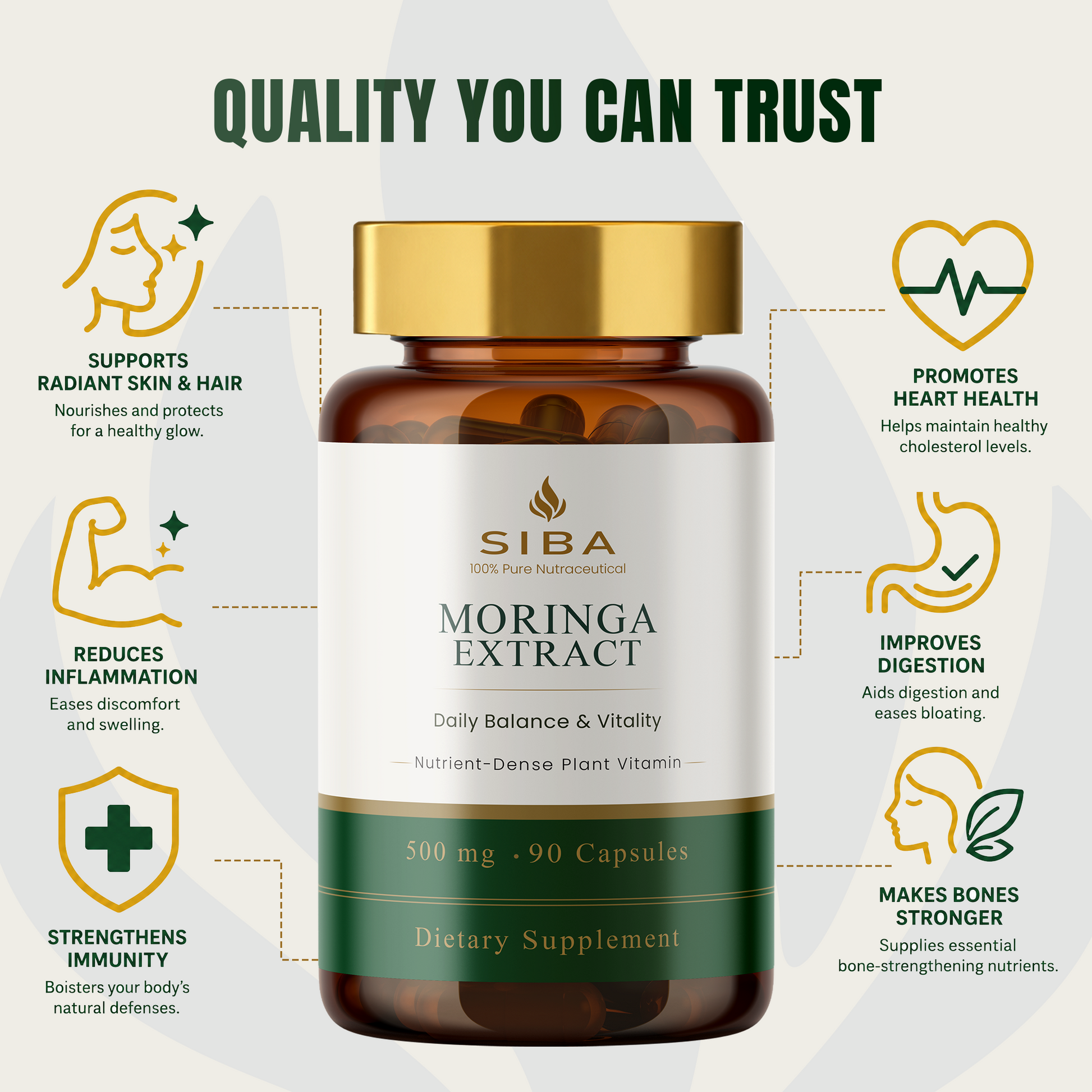 SIBA Moringa Extract supplement bottle with health benefits on a white background