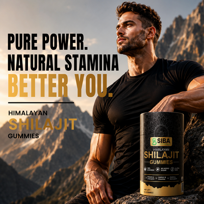 Man sitting on a rock with a mountainous background, holding a container of SIBA Himalayan Shilajit Gummies.