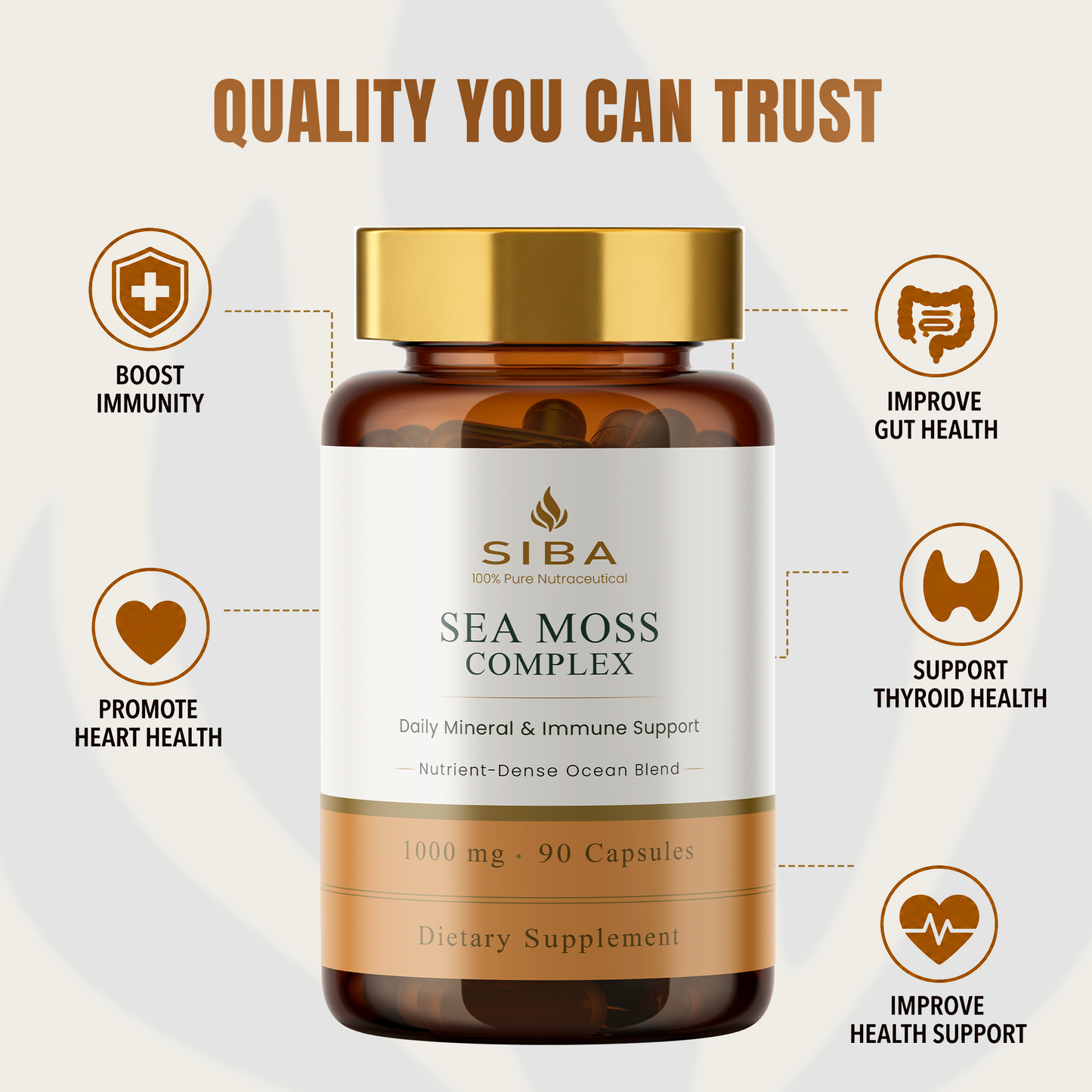 Siba Sea Moss Complex dietary supplement bottle with health benefits on a light gray background