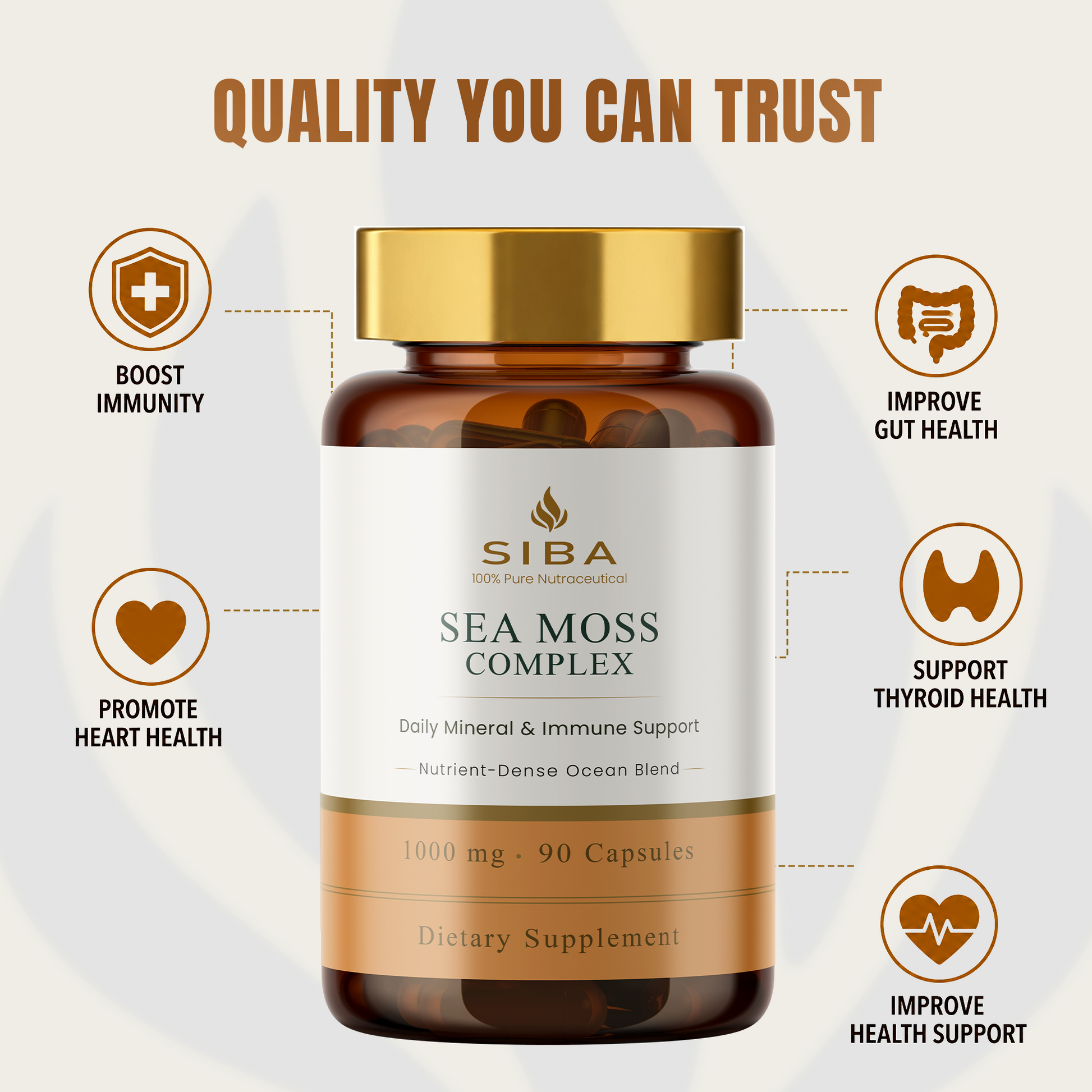 Siba Sea Moss Complex dietary supplement bottle with health benefits on a light gray background