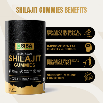SIBA Shilajit Gummies packaging with benefits listed on a white background