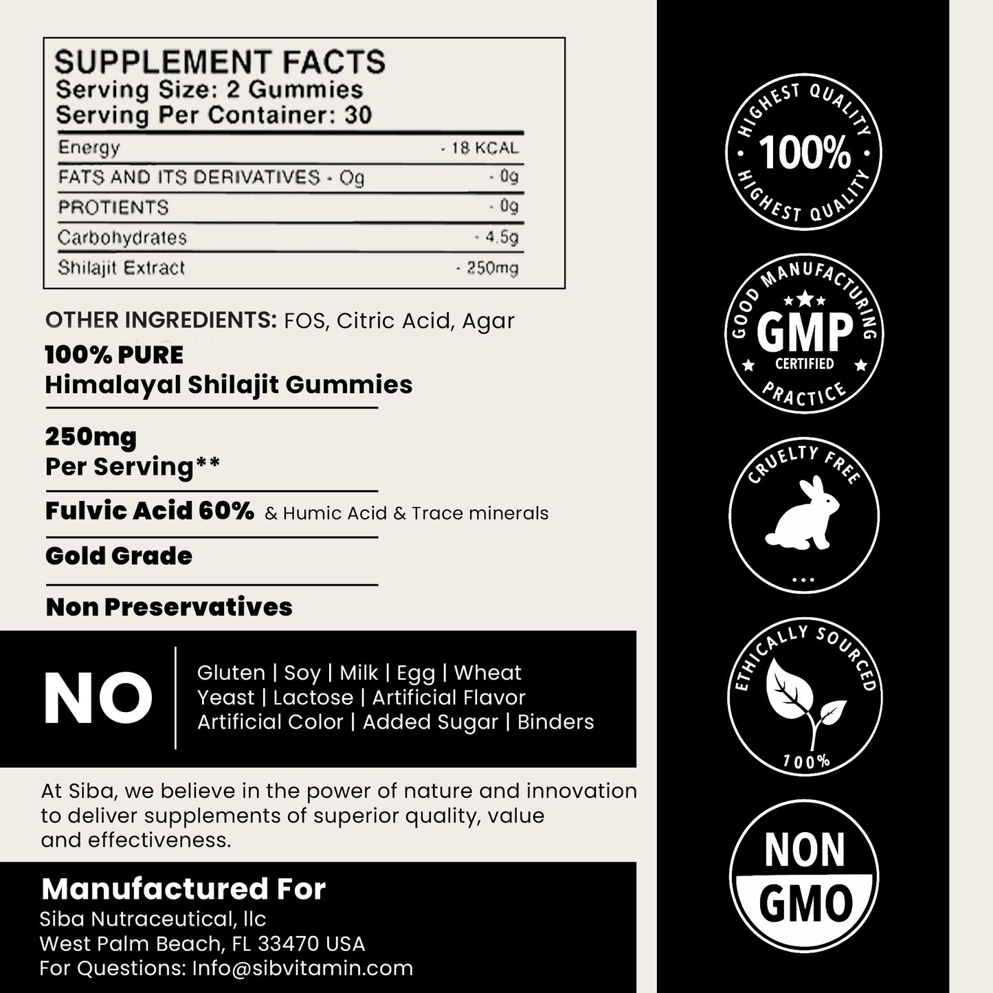 Supplement facts label for Himalayan Shilajit Gummies with certification logos on a black background.