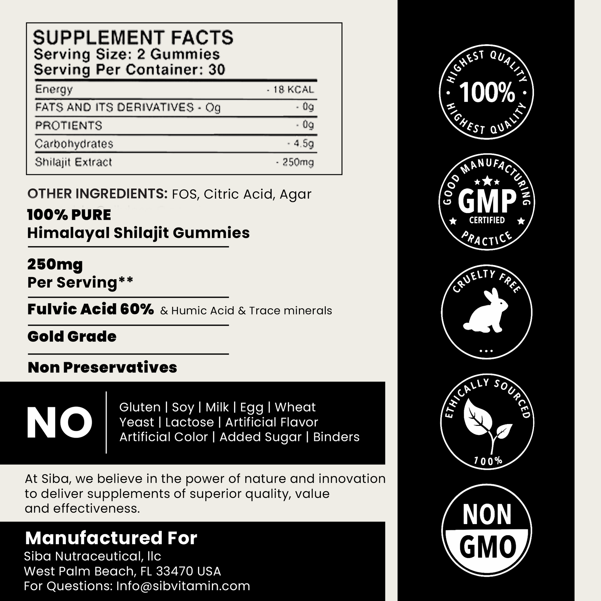 Supplement facts label for Himalayan Shilajit Gummies with certification logos on a black background.