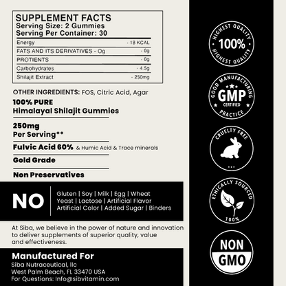 Supplement facts label for Himalayan Shilajit Gummies with certification logos on a black background.