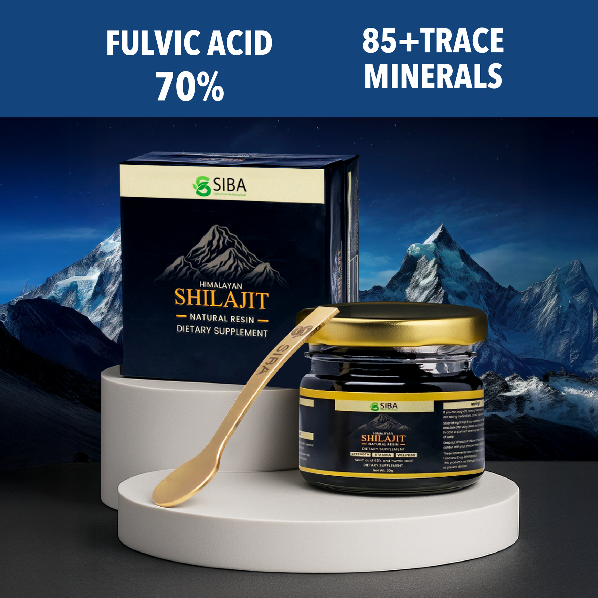 SIBA Shilajit dietary supplement with mountainous background