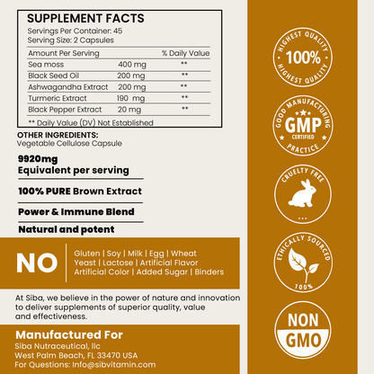 Supplement label with ingredients and manufacturing details on a brown background