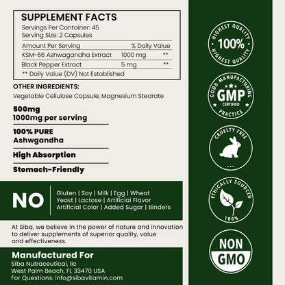 Supplement label with KSM-66 Ashwagandha Extract on a green background
