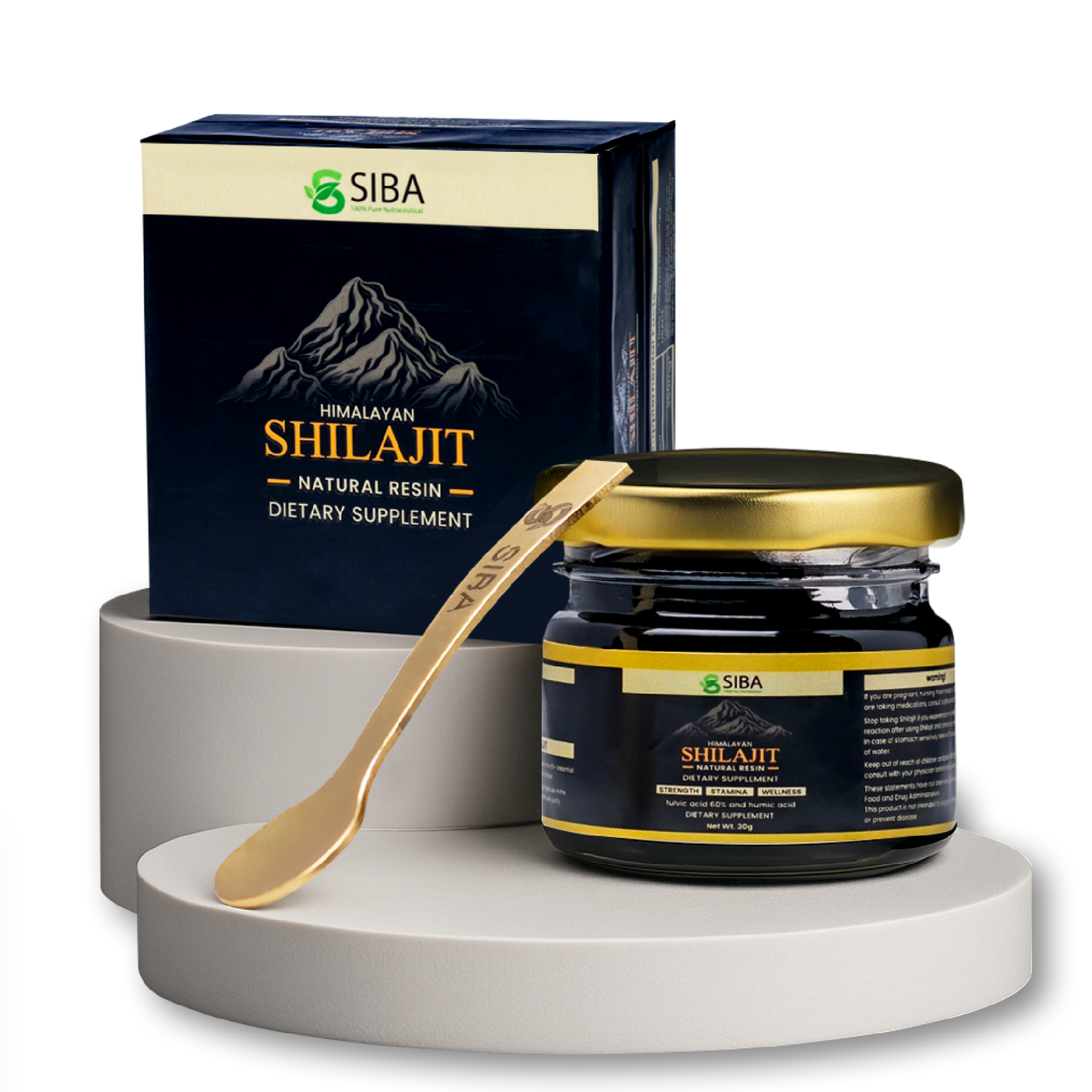 SIBA Shilajit natural resin dietary supplement jar with packaging and spoon on a white background