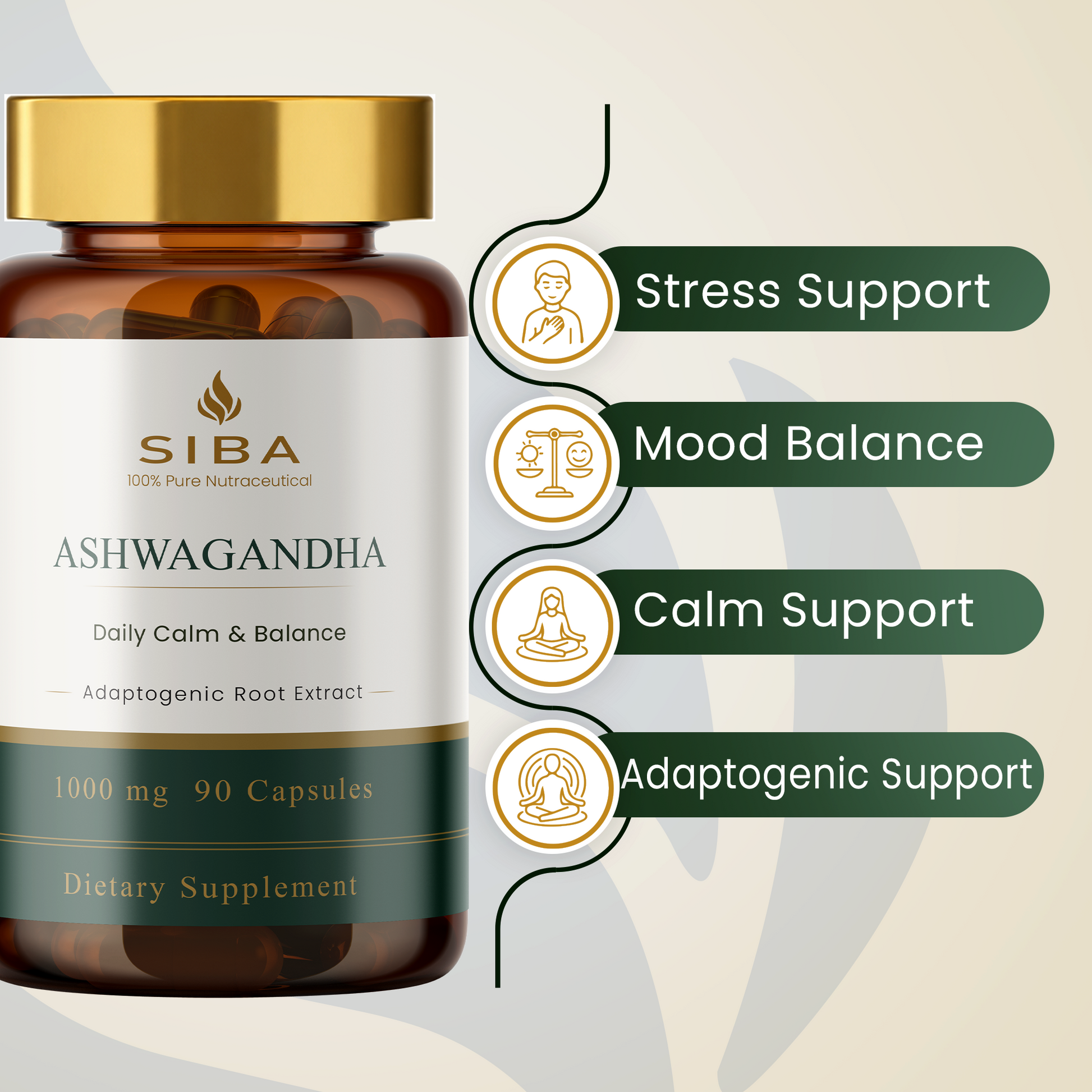 SIBA Ashwagandha supplement bottle with features listed on a beige background