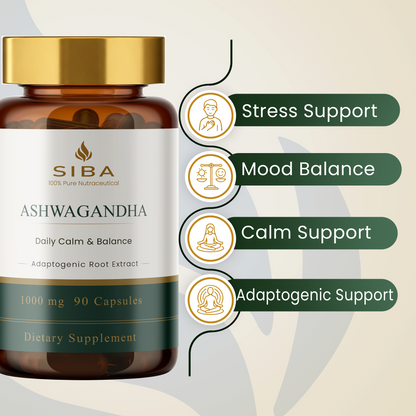 SIBA Ashwagandha supplement bottle with features listed on a beige background