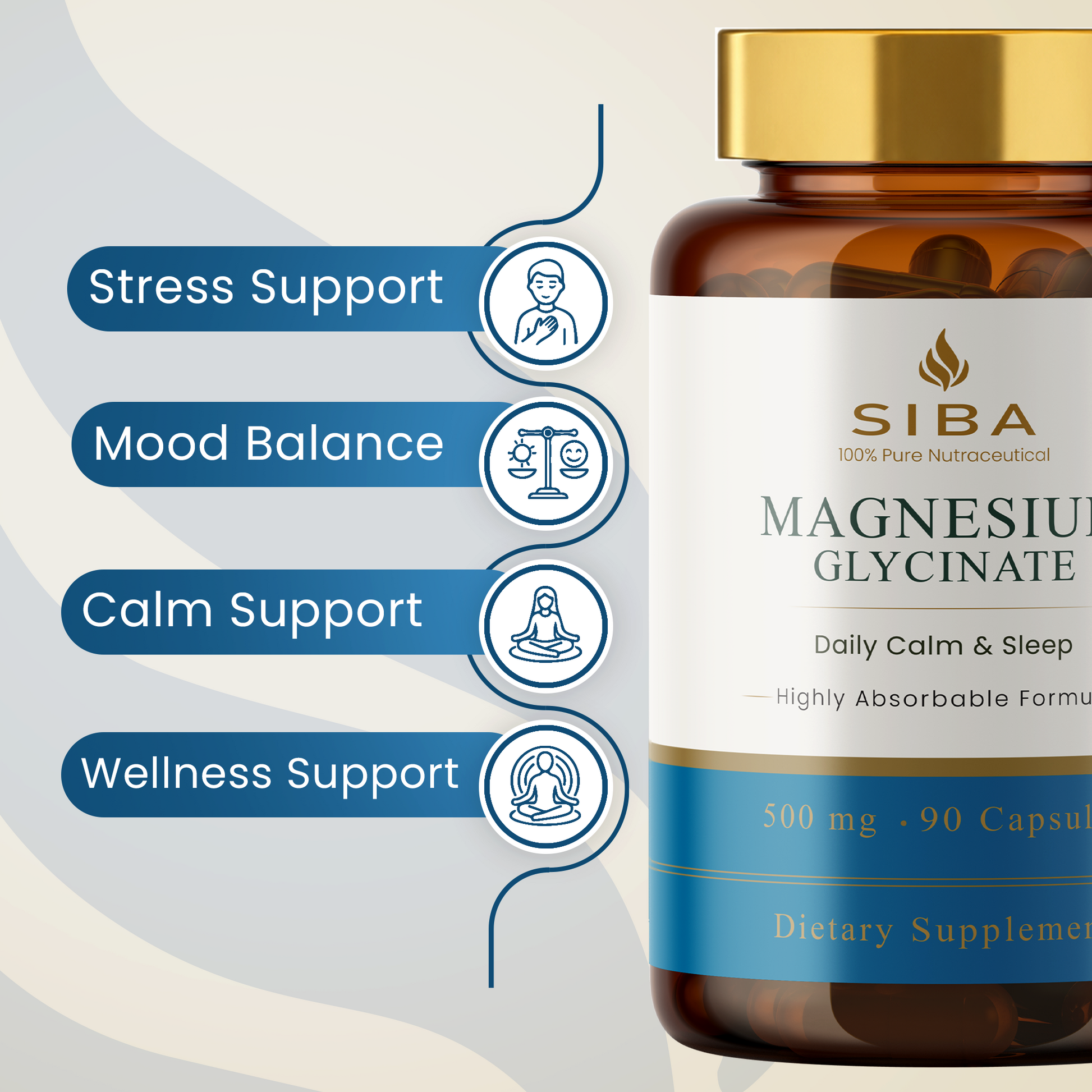 SIBA Magnesium Glycinate supplement bottle with wellness support benefits on a light background