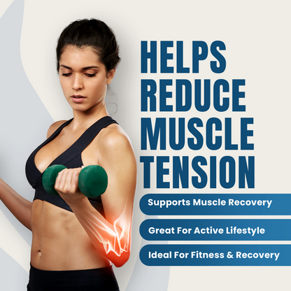 Woman exercising with a green dumbbell, text about muscle tension reduction and recovery.