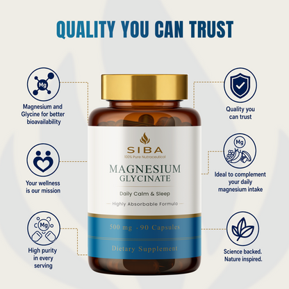 SIBA Magnesium Glycinate supplement bottle with branding and product details on a light gray background.