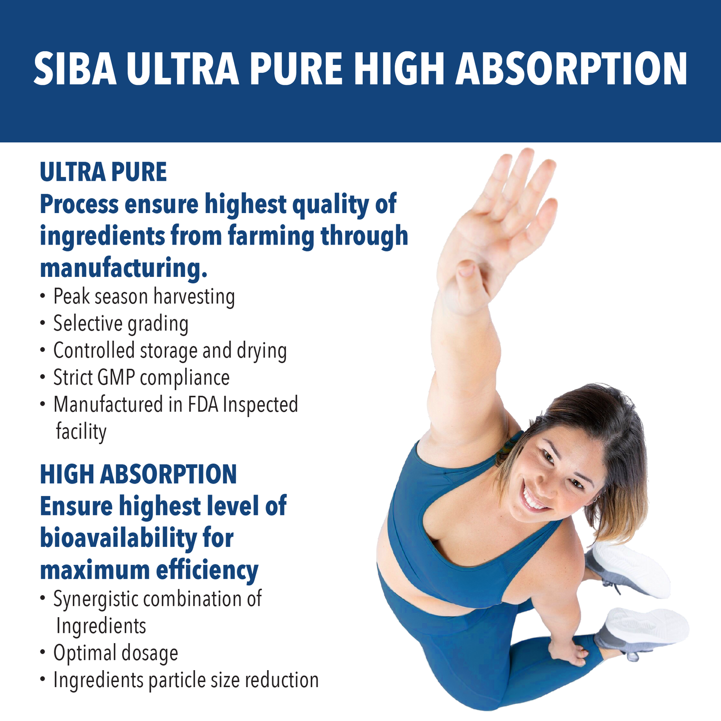 Advertisement for SIBA Ultra Pure High Absorption with a woman in a blue outfit.