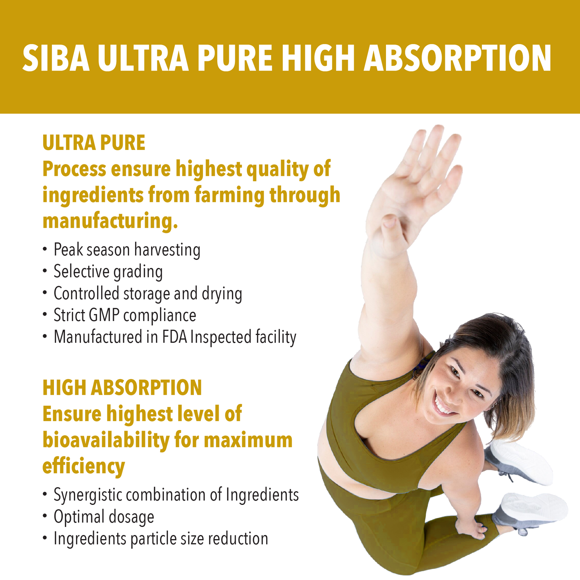 Advertisement for SIBA Ultra Pure High Absorption product with a woman in a yoga pose.