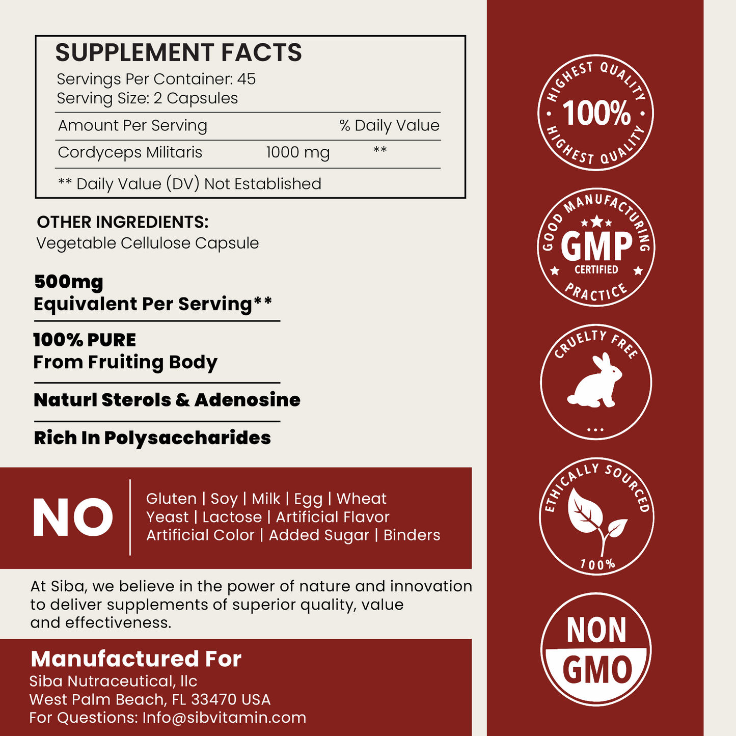 Supplement label with ingredient list and certification logos on a red background