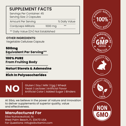 Supplement label with ingredient list and certification logos on a red background